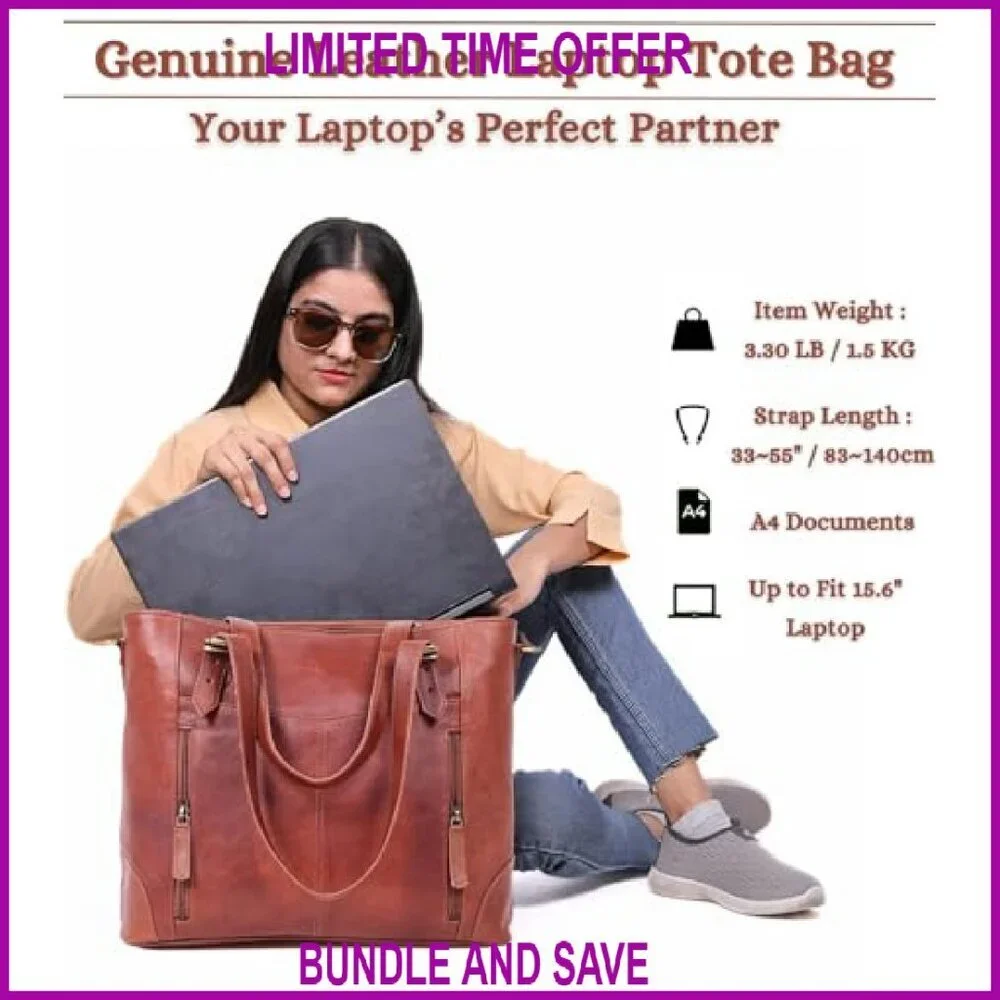 Genuine Leather Laptop Tote Bag for Women - 17